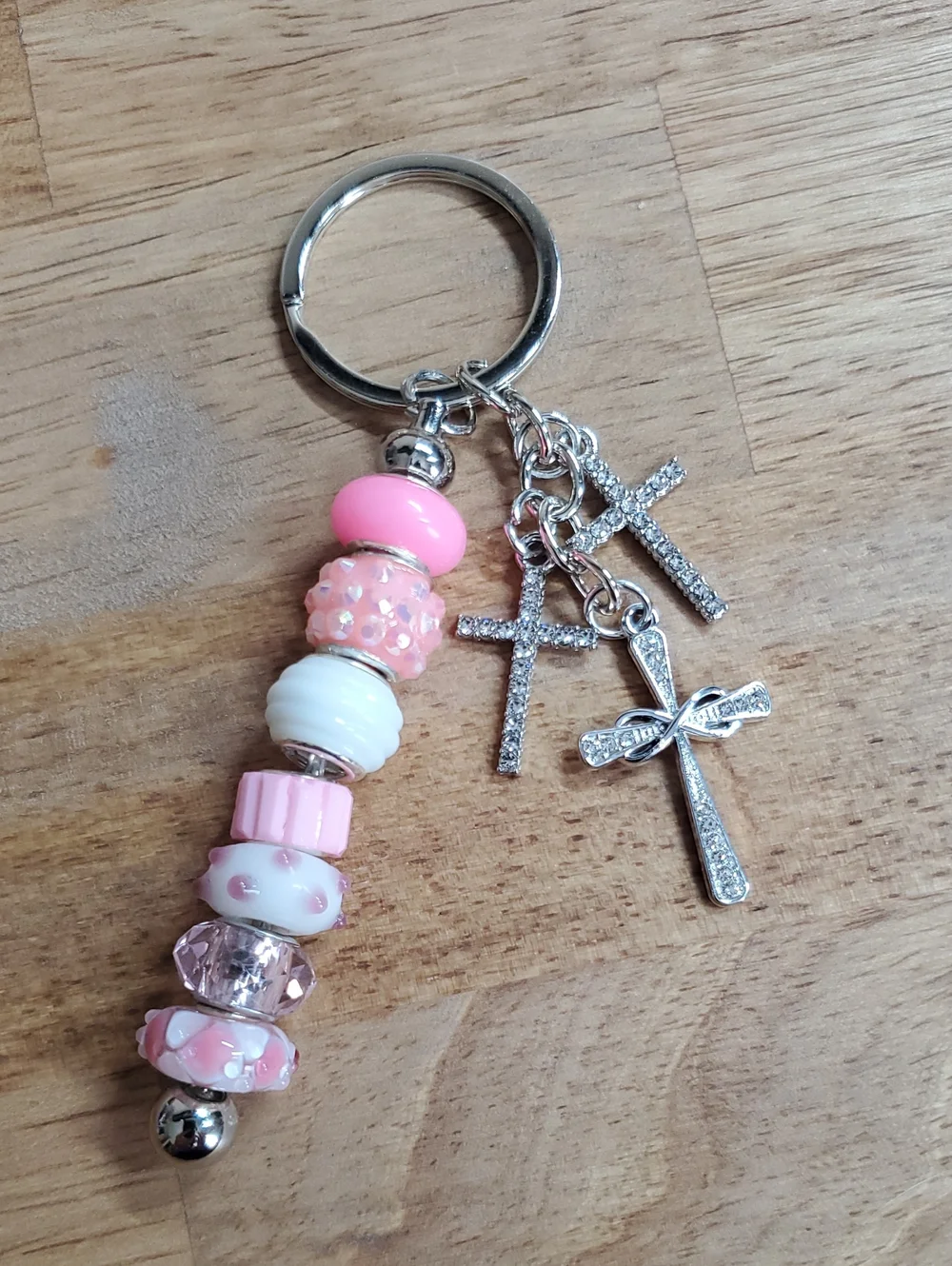 Pink Bead & Cross Charm Keychain